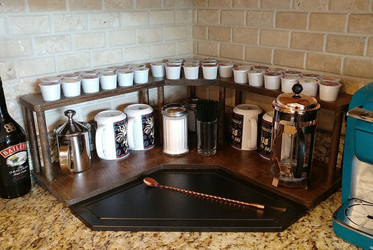 Walnut-Stained Corner Shelf - Barista Style w/ K-CUP Holes